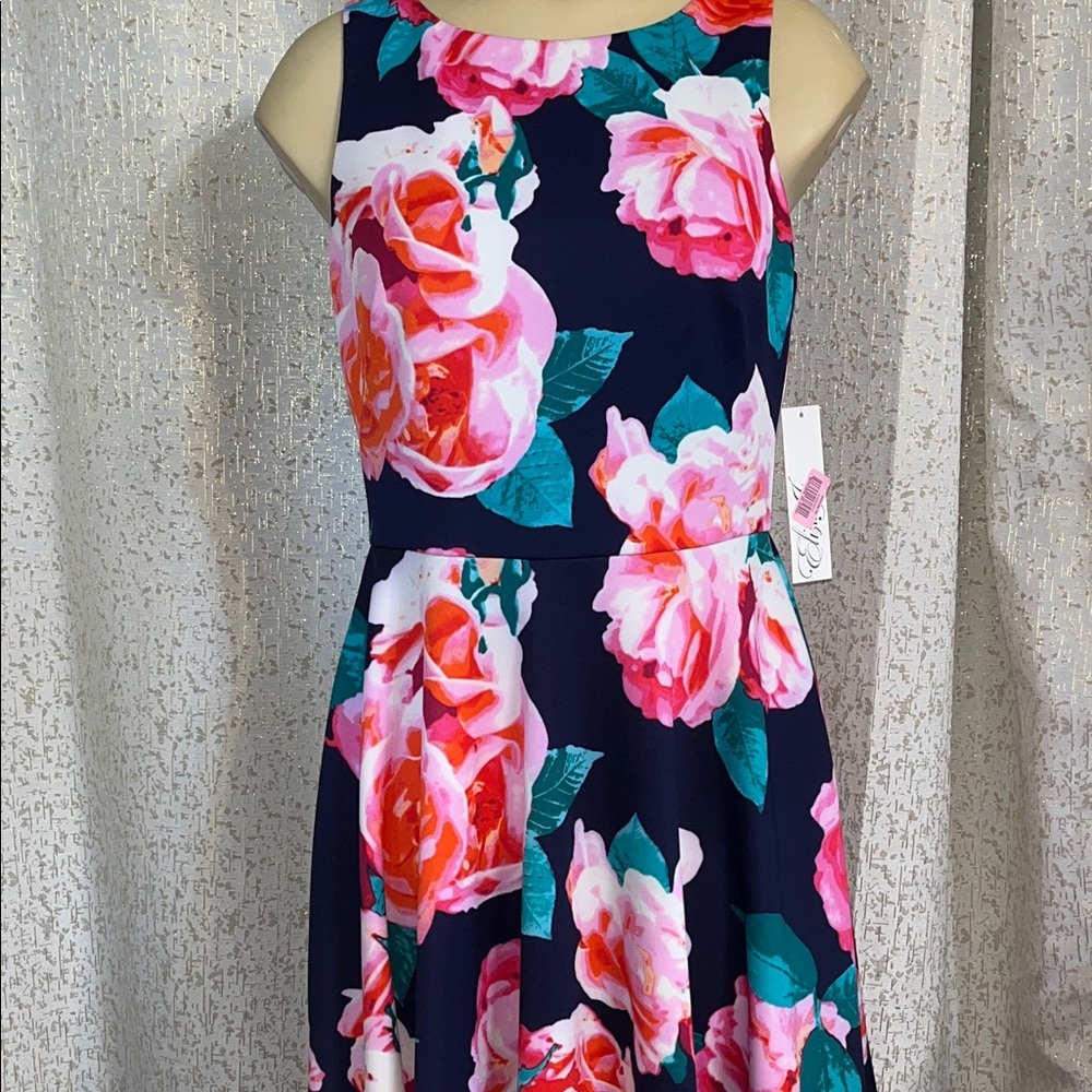 Eliza J Women's Sleeveless Navy Blue Dress with Bright Floral Print, NWT, Size 4